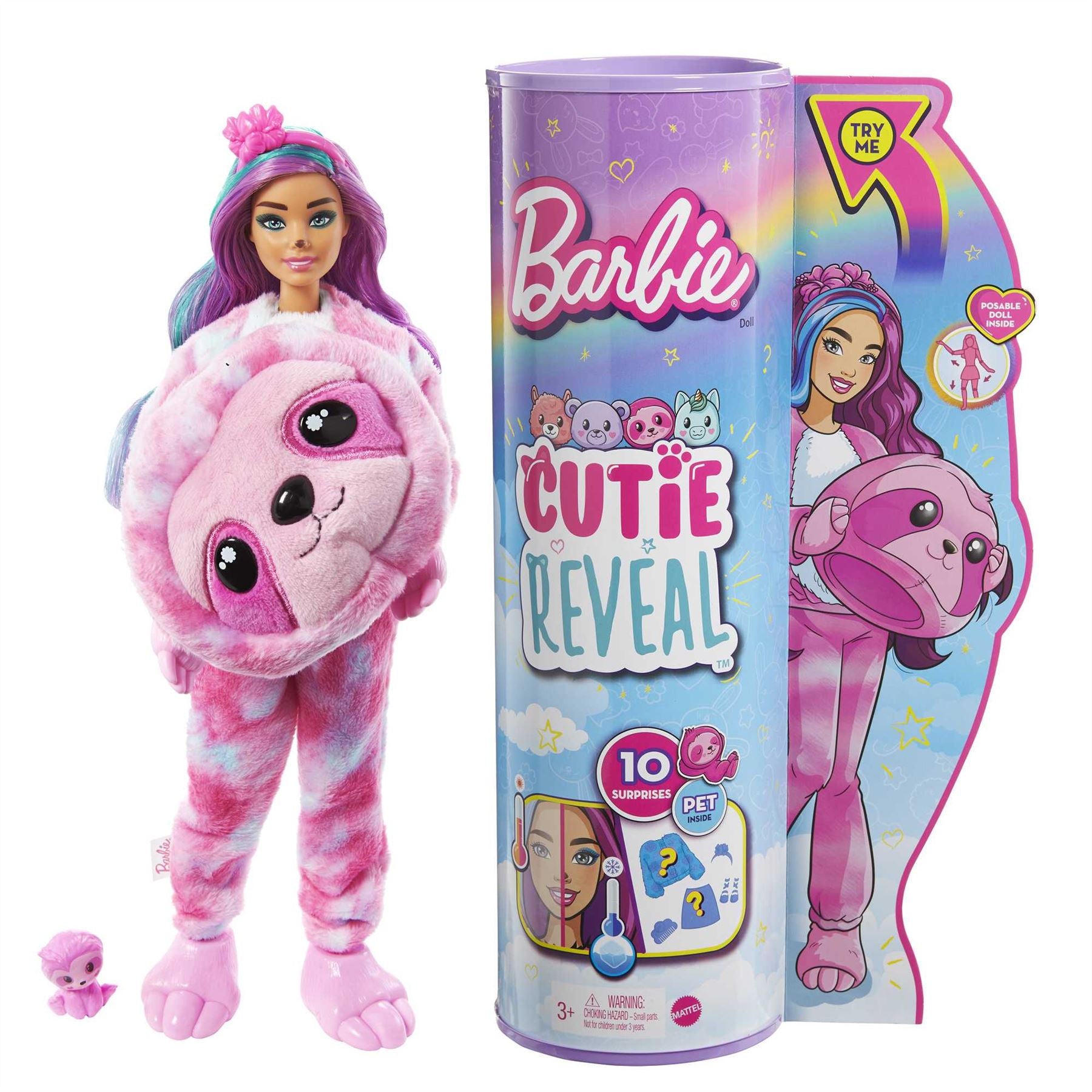 BARBIE Cutie Reveal Fantasy Doll with Sloth Plush Costume & 10 Surprises (HJL59)