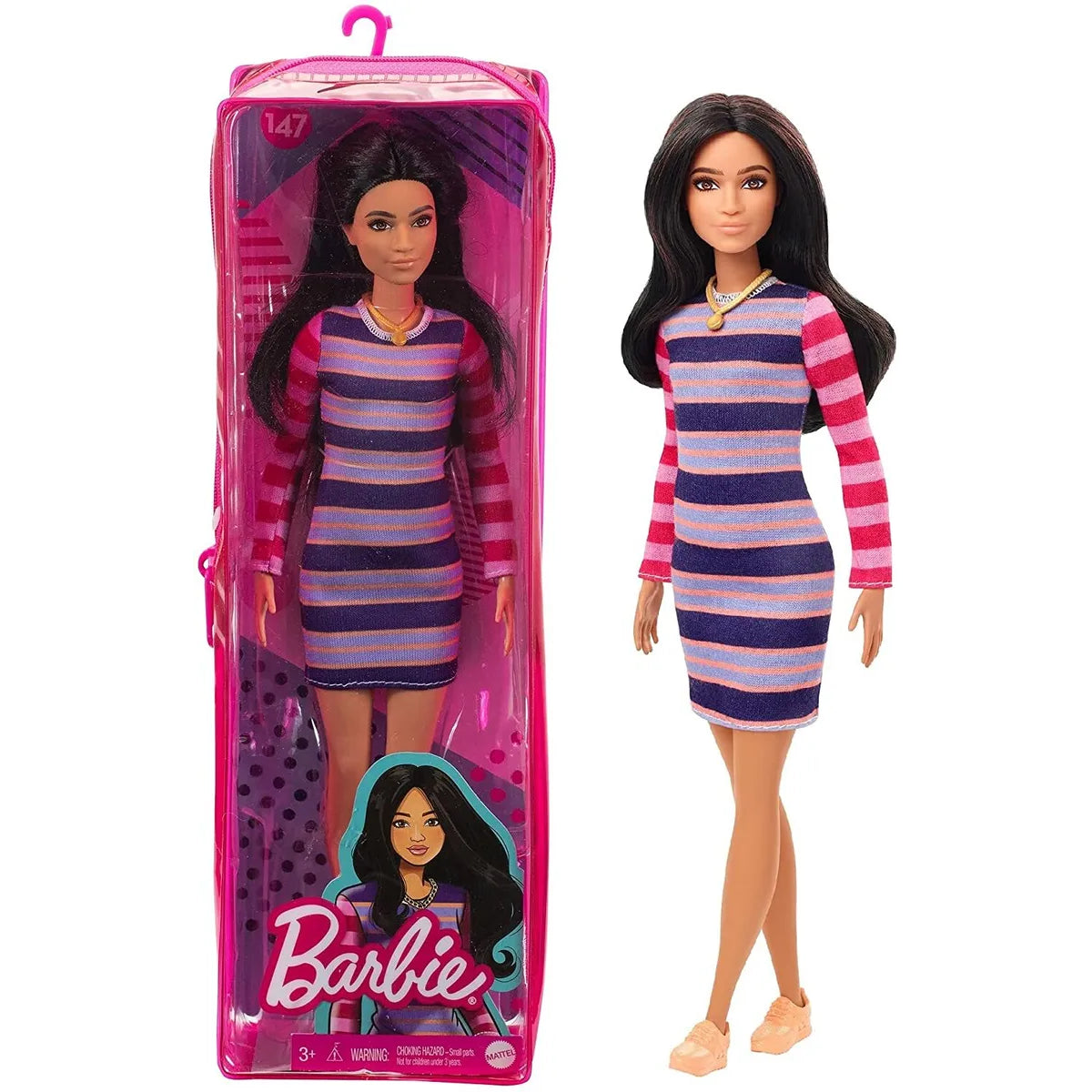 BARBIE Fashionistas Doll #147 - Long Brunette Hair Striped Dress (GYB02/GHW61)