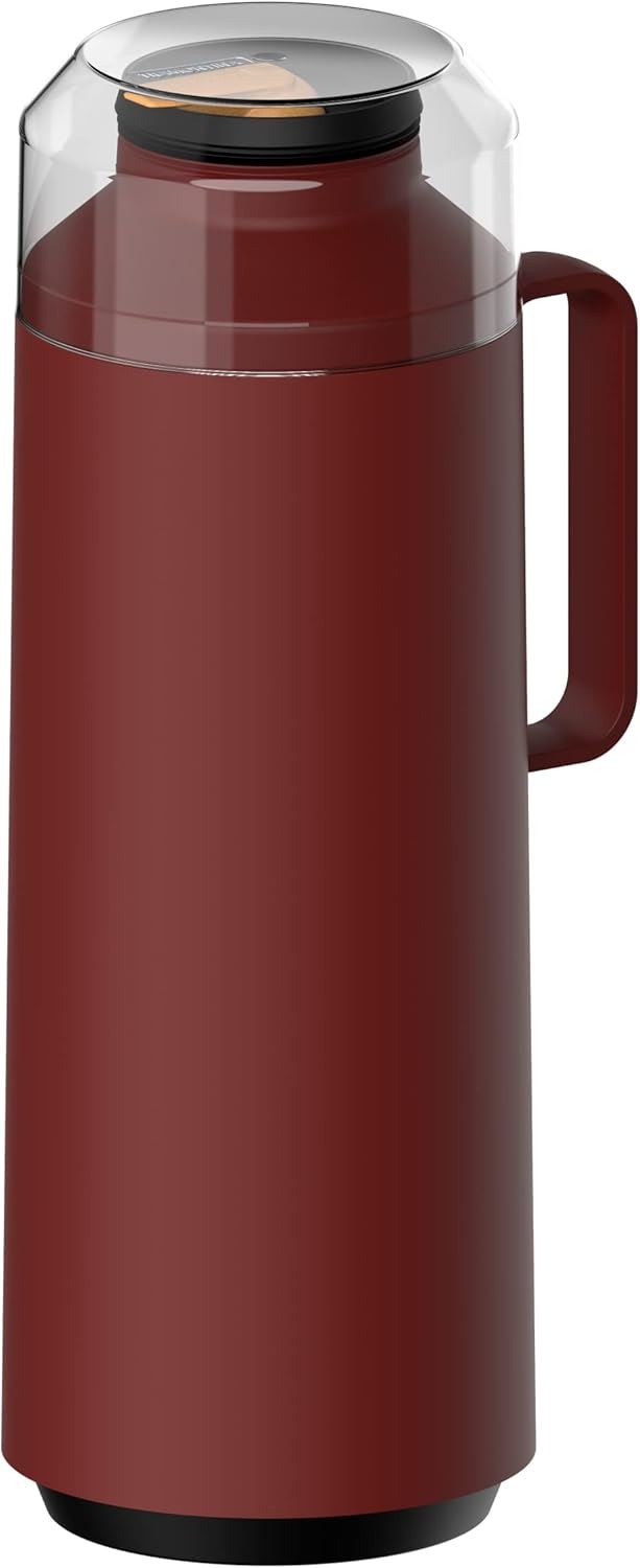 Tramontina Exata 1L Thermal Flask 61637/106 – Rich Red Glass-Lined Vacuum Insulated Bottle Carafe with Cup Lid for Hot & Cold Drinks