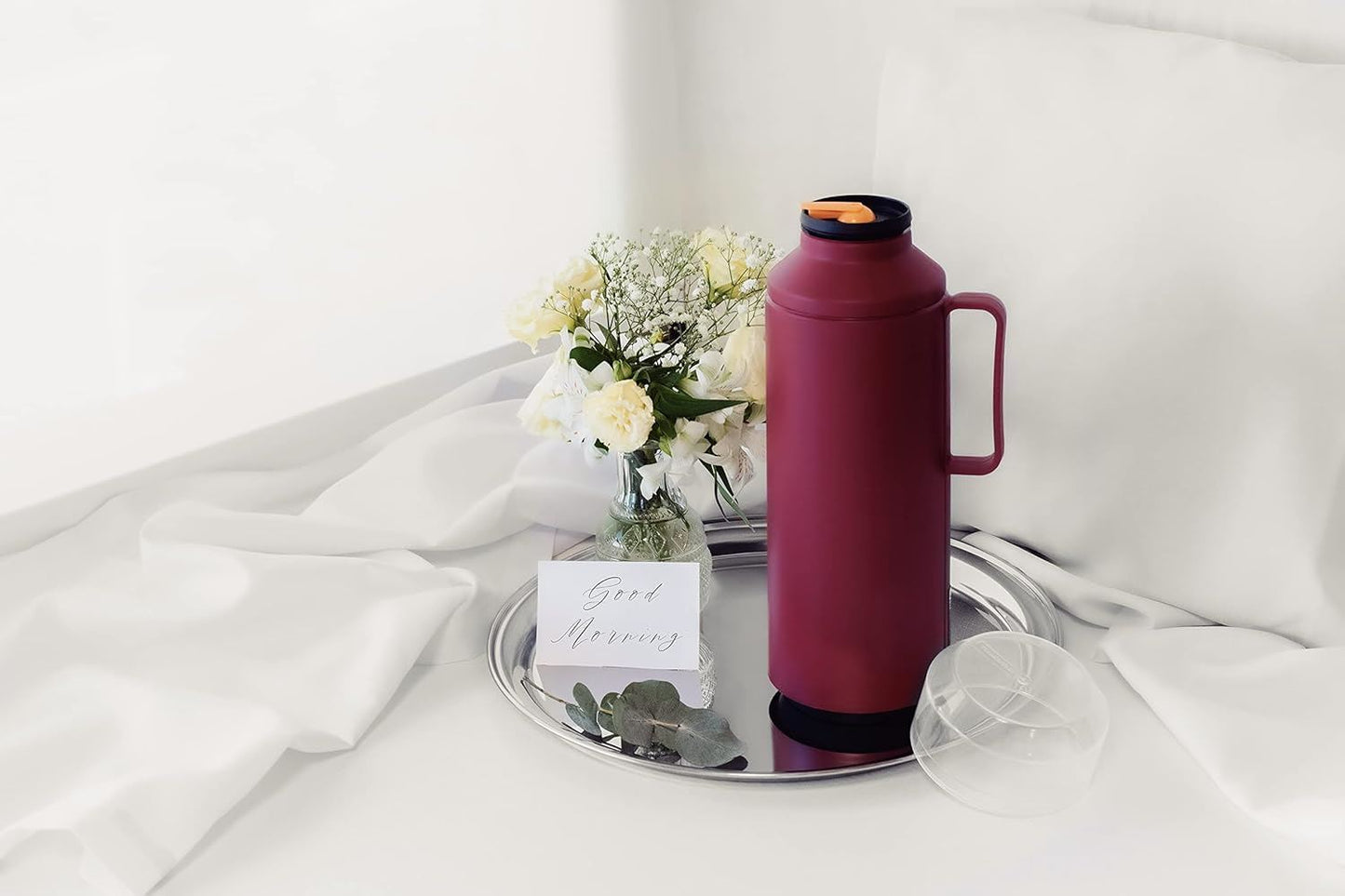 Tramontina Exata 1L Thermal Flask 61637/106 – Rich Red Glass-Lined Vacuum Insulated Bottle Carafe with Cup Lid for Hot & Cold Drinks