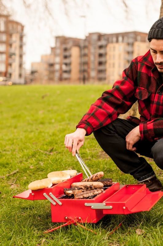 BBQ Toolbox Portable Charcoal Grill SK BBQTOOL1 - Suck UK Red Stainless Steel Toolbox-Style BBQ with Folding Grill & Warming Rack