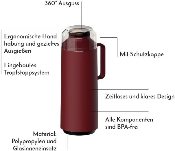 Tramontina Exata 1L Thermal Flask 61637/106 – Rich Red Glass-Lined Vacuum Insulated Bottle Carafe with Cup Lid for Hot & Cold Drinks