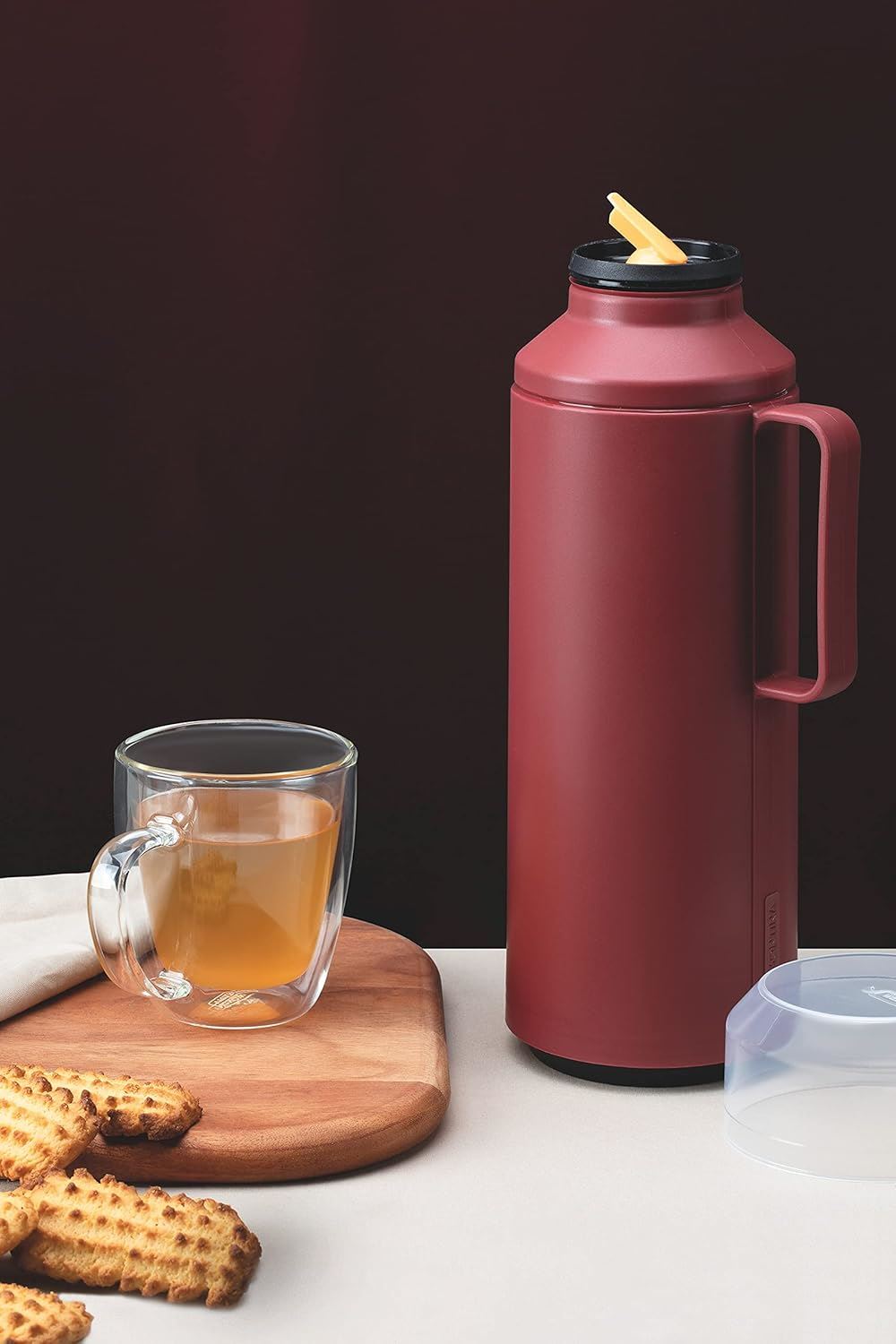 Tramontina Exata 1L Thermal Flask 61637/106 – Rich Red Glass-Lined Vacuum Insulated Bottle Carafe with Cup Lid for Hot & Cold Drinks