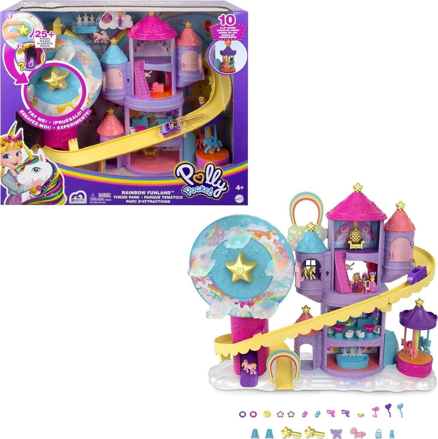 Polly Pocket Rainbow Funland Fairy Flight Ride Playset Dollhouse GYK41 2 Dolls
