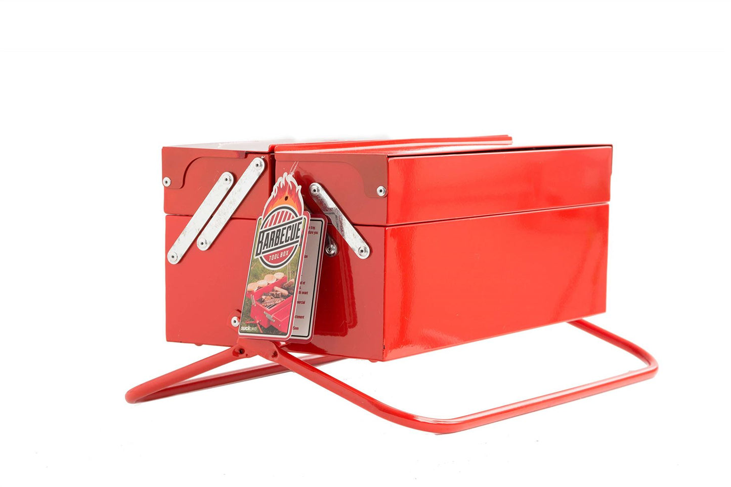 BBQ Toolbox Portable Charcoal Grill SK BBQTOOL1 - Suck UK Red Stainless Steel Toolbox-Style BBQ with Folding Grill & Warming Rack