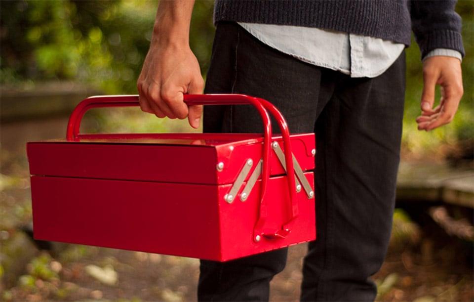 BBQ Toolbox Portable Charcoal Grill SK BBQTOOL1 - Suck UK Red Stainless Steel Toolbox-Style BBQ with Folding Grill & Warming Rack