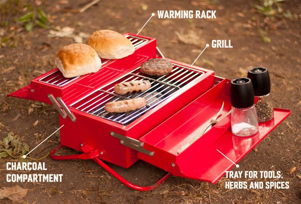 BBQ Toolbox Portable Charcoal Grill SK BBQTOOL1 - Suck UK Red Stainless Steel Toolbox-Style BBQ with Folding Grill & Warming Rack