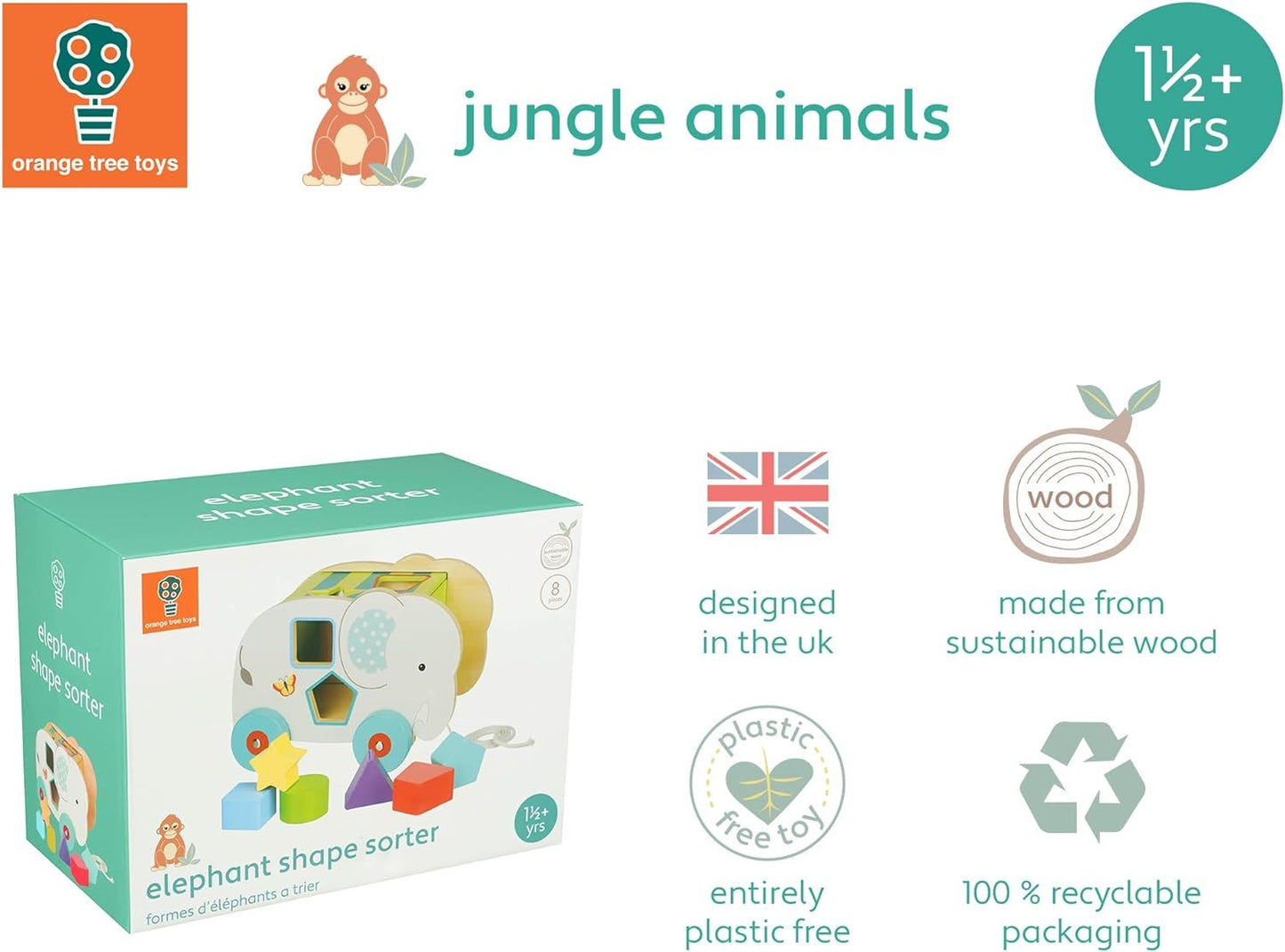 Orange Tree Toys Pull Along Jungle Elephant Shape Sorter Pre-School Baby Toy