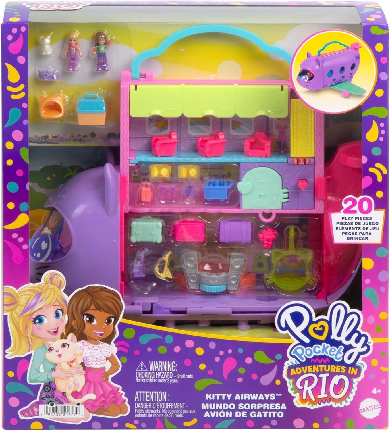 HWP19 (Polly Pocket) Kitty Airways Playset With 2 Micro Dolls And Pet