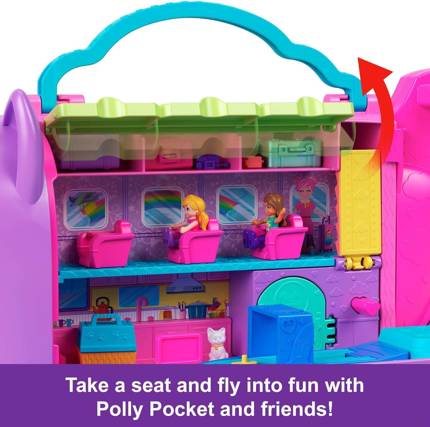 HWP19 (Polly Pocket) Kitty Airways Playset With 2 Micro Dolls And Pet