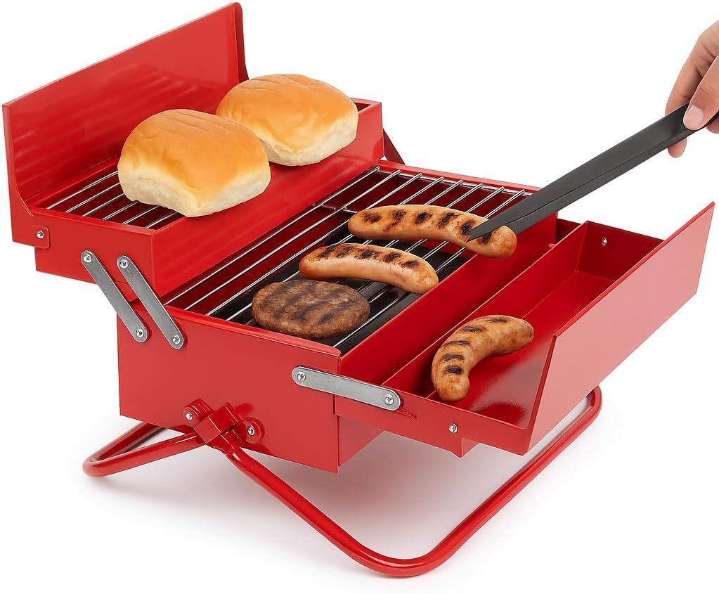 BBQ Toolbox Portable Charcoal Grill SK BBQTOOL1 - Suck UK Red Stainless Steel Toolbox-Style BBQ with Folding Grill & Warming Rack