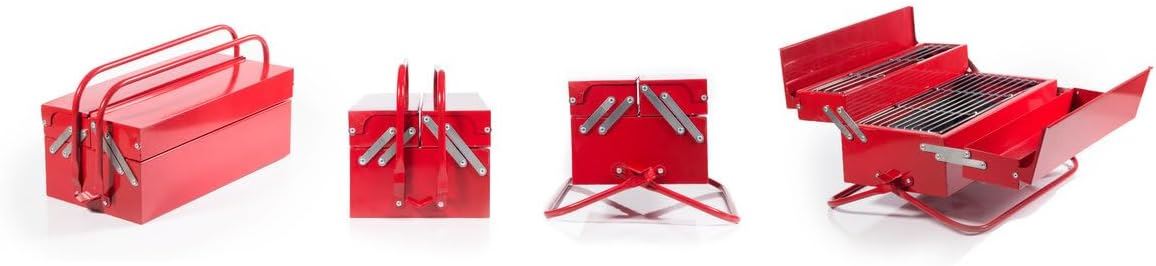 BBQ Toolbox Portable Charcoal Grill SK BBQTOOL1 - Suck UK Red Stainless Steel Toolbox-Style BBQ with Folding Grill & Warming Rack