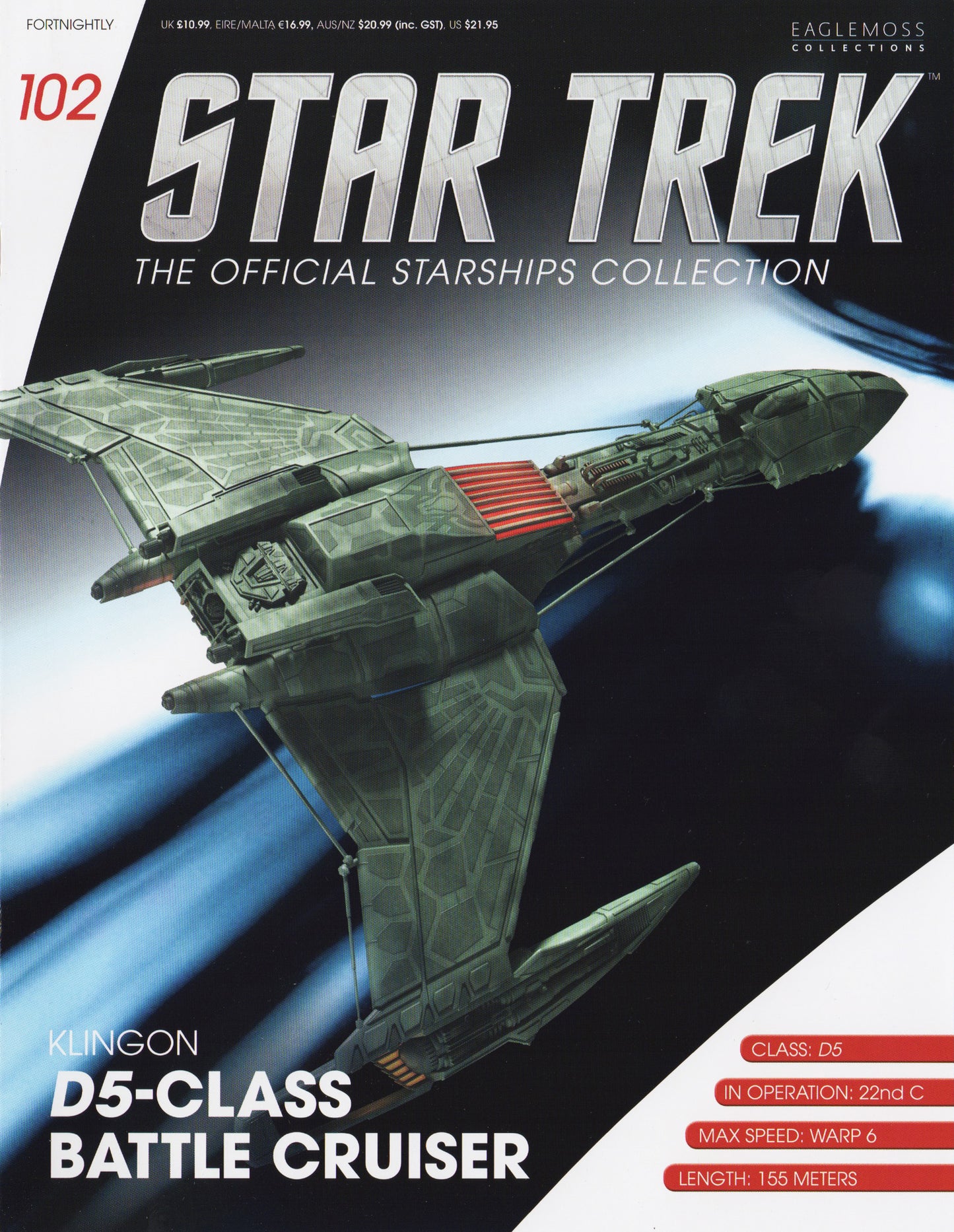 Eaglemoss STAR TREK Klingon D5-Class Battlecruiser Ship Modèle moulé sous pression Numéro #102