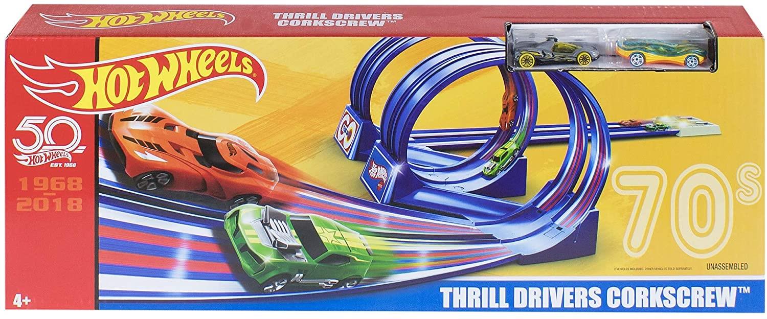 Hot Wheels 70s Throwback Thrill Drivers Corkscrew Track Set