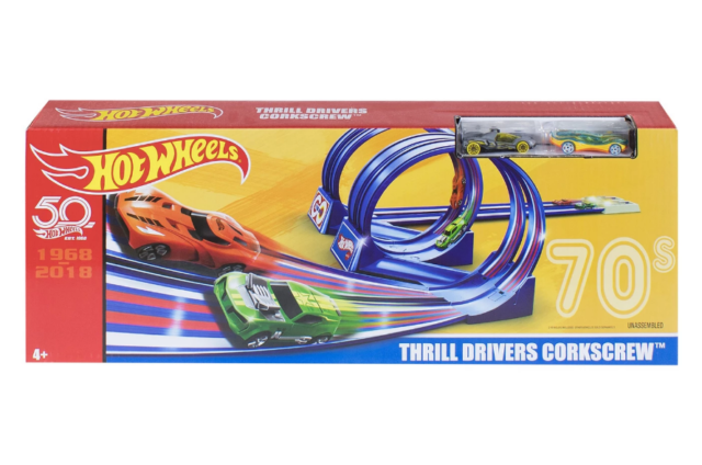 Hot Wheels 70s Throwback Thrill Drivers Corkscrew Track Set