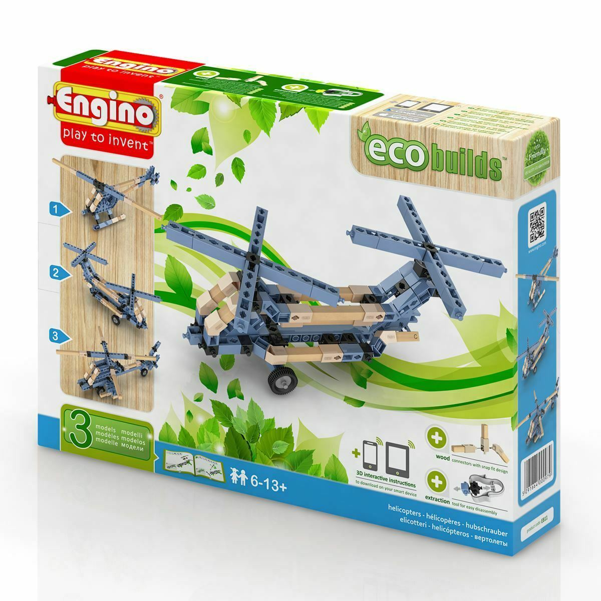Engino Eco Builds 3 Model HELICOPTERS Building Creative Activity Wooden Toy STEM